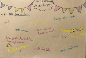 Ein handgeschriebener Willkommensgruß eines Schülers bzw. einer Schülerin für neue Mitschüler:innen. Zu lesen sind persönliche Wünsche zum Start an unserer Schule.