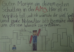 Ein handgeschriebener Willkommensgruß eines Schülers bzw. einer Schülerin für neue Mitschüler:innen. Zu lesen sind persönliche Wünsche zum Start an unserer Schule.