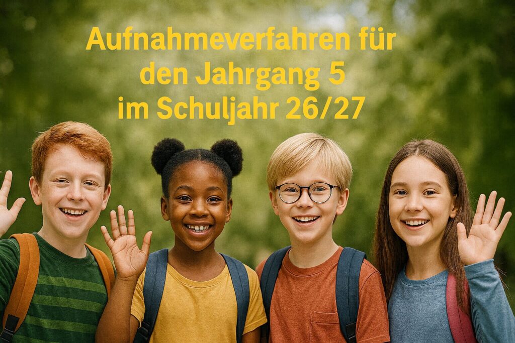 Vier Schüler, die sich auf den Schulstart freuen, passend zum Thema "Aufnahmeverfahren Jahrgang 5".