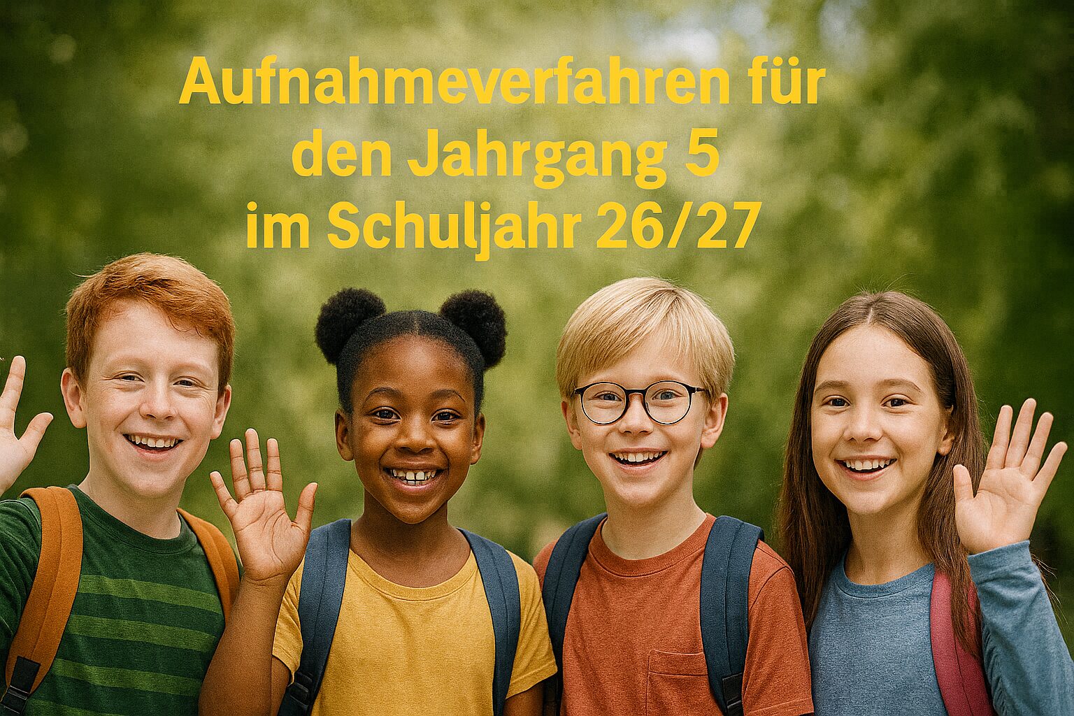 Vier Schüler, die sich auf den Schulstart freuen, passend zum Thema "Aufnahmeverfahren Jahrgang 5".